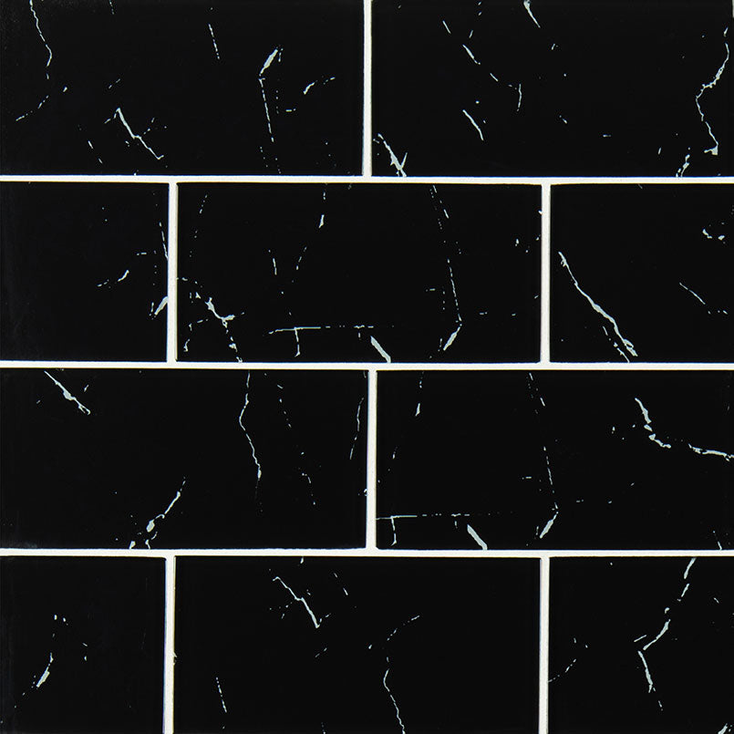 MSI Nero Marquina 3x6 Glass Tile — Glass Mosaic Tile mesh-mounted for designer installs