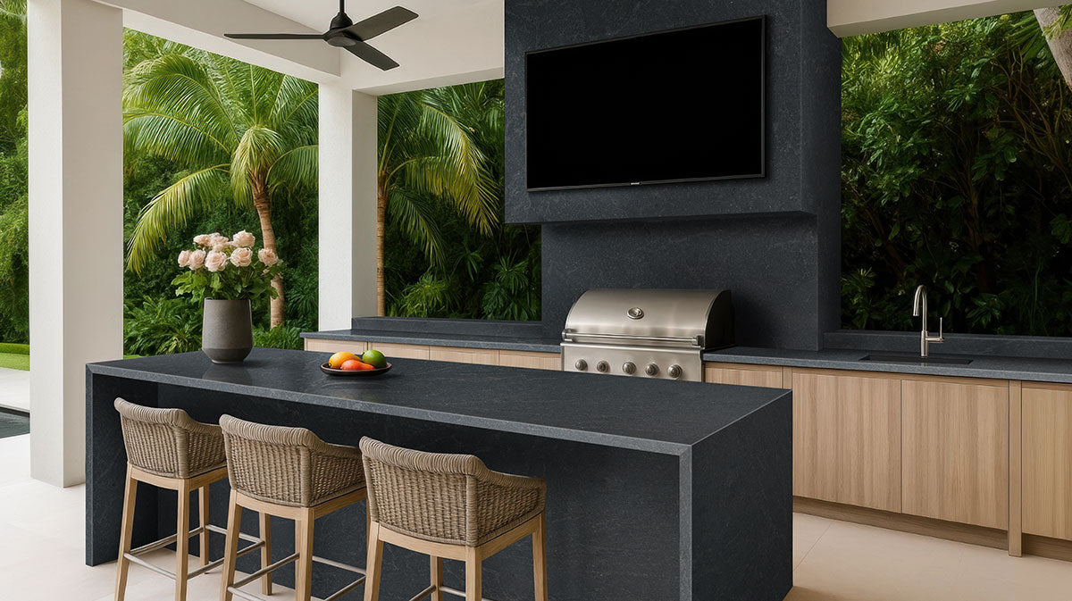 MSI Nero Mist — surface detail in natural tonality quarried slab for kitchen and counter install