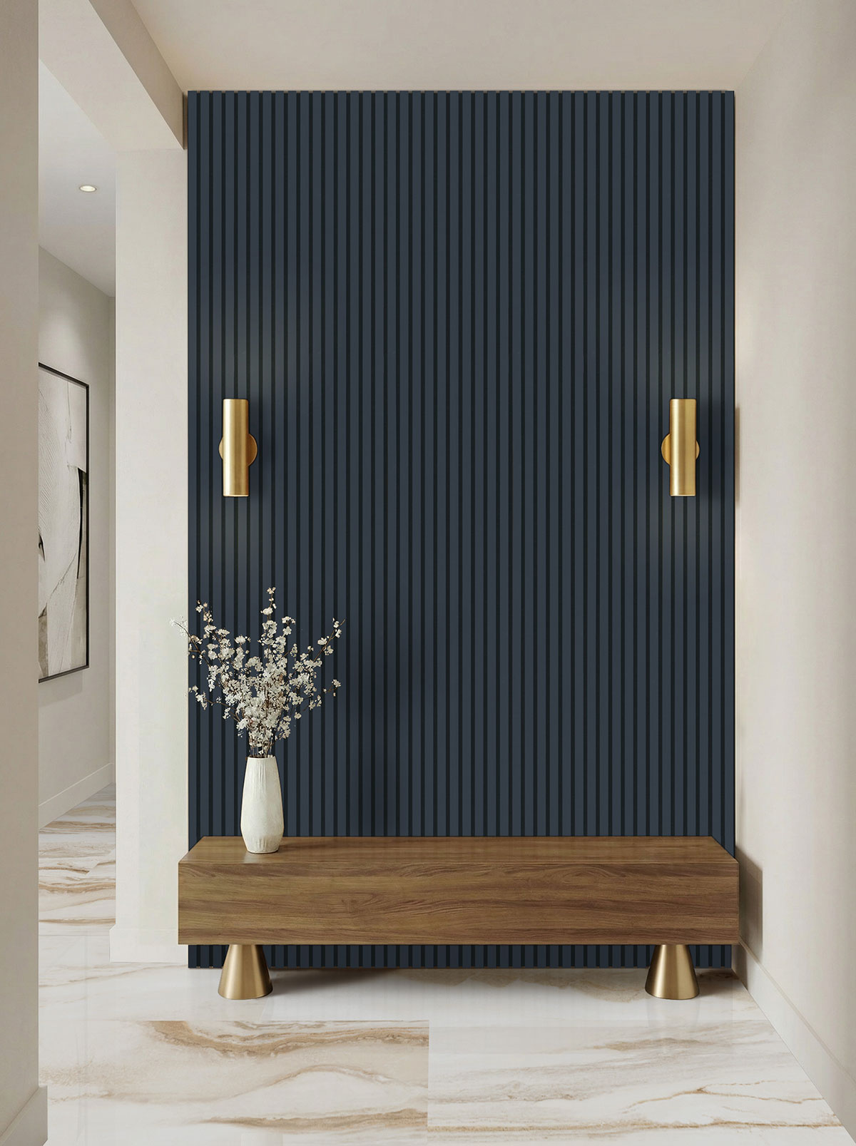 MSI Navy Acoustic Wood Slat Panel — room scene