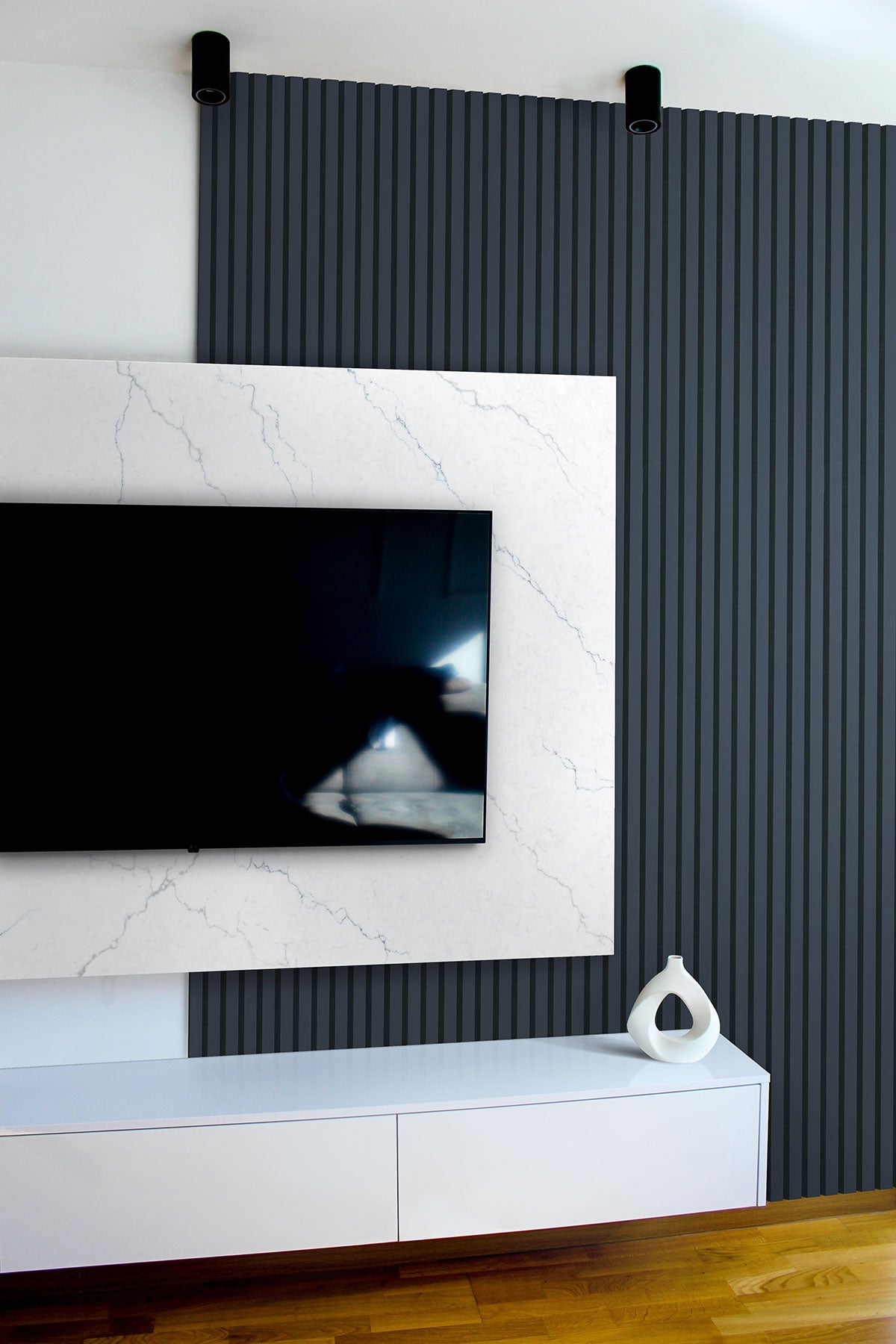MSI Navy Acoustic Wood Slat Panel — room scene