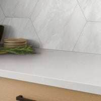 MSI Perla White Quartz — surface detail in white tonality factory-finished eased edge ready for install