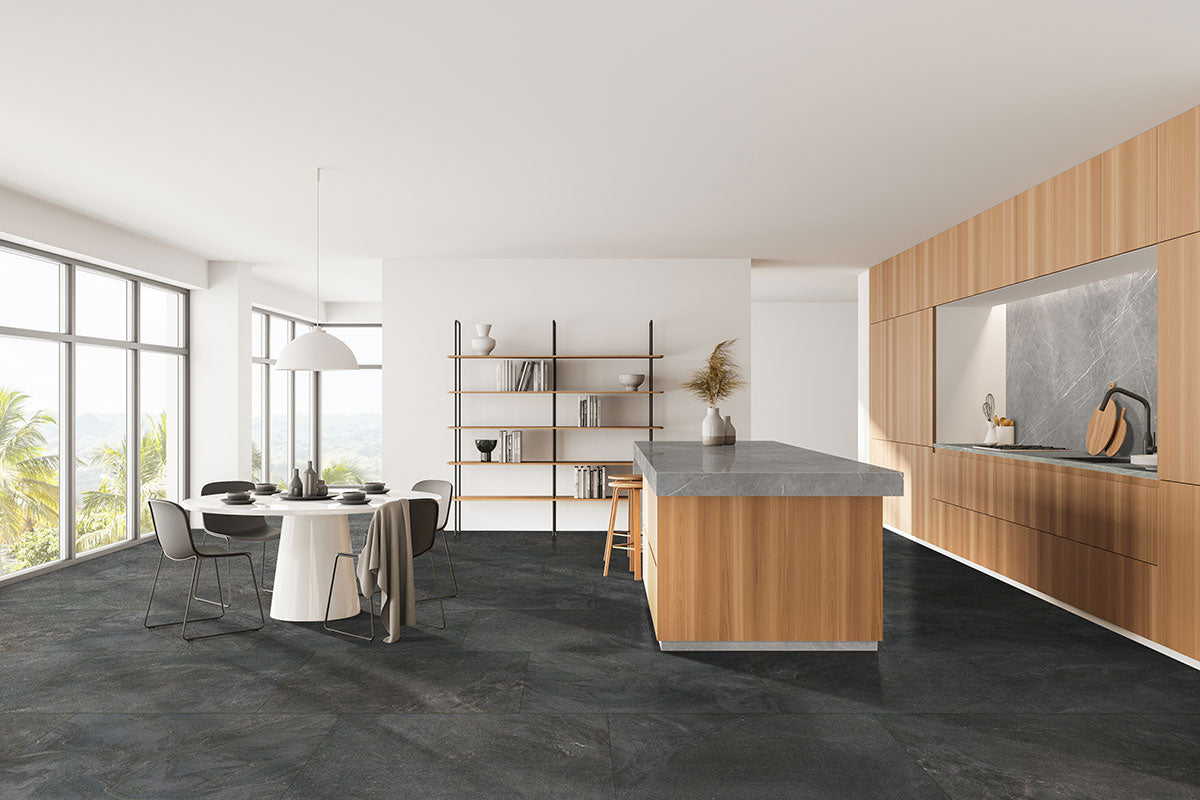 MSI Pietra Grigio — surface detail in natural tonality large-format glazed slab for vertical statement