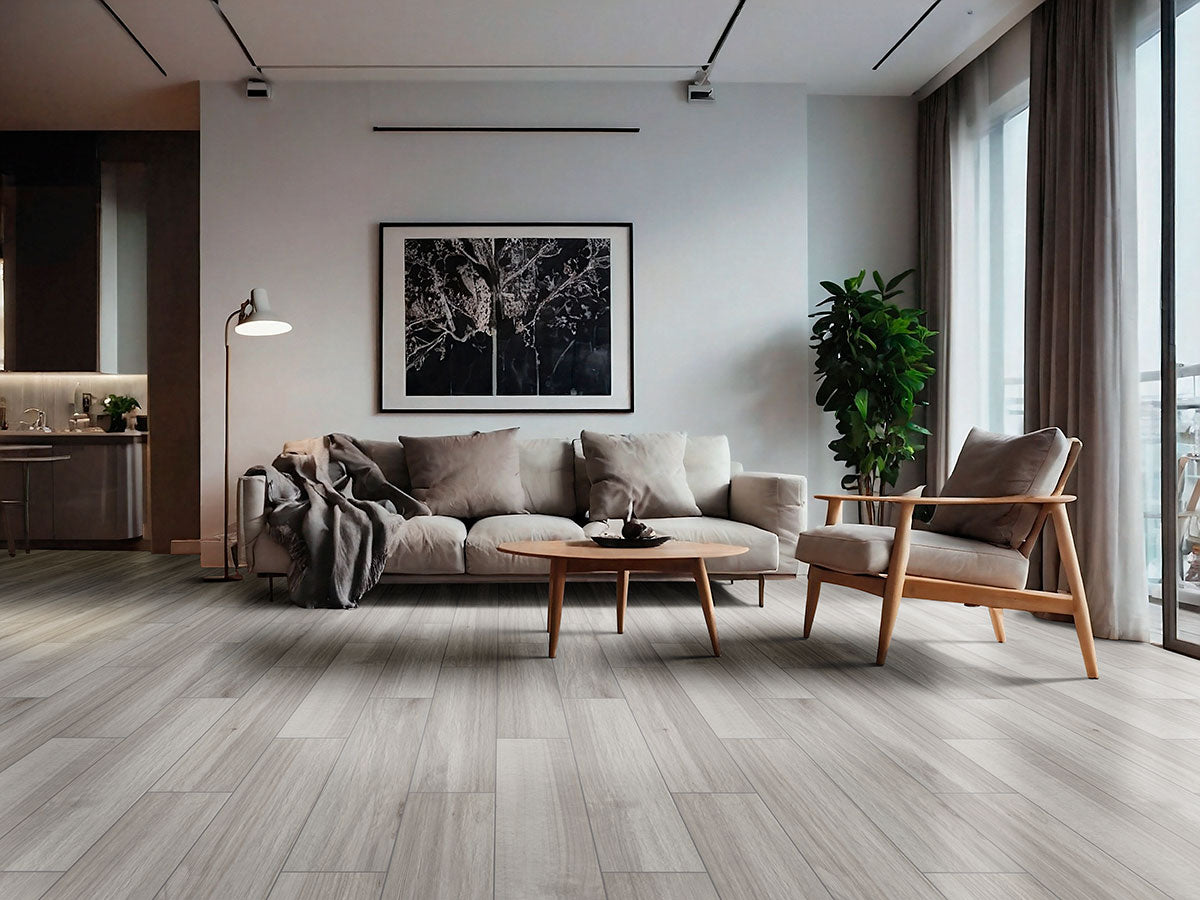 MSI Havenwood Platinum, surface detail in platinum tonality through-bodied porcelain for full-room install, in a living room