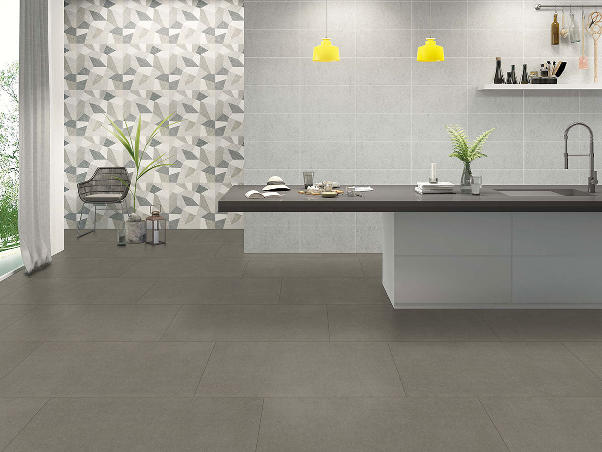 MSI Dimensions Gris — surface detail in natural tonality through-bodied porcelain for full-room install