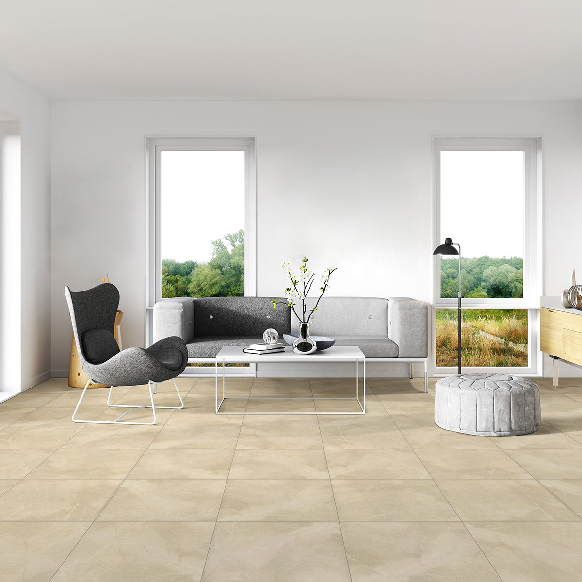 MSI Sande Cream — surface detail in cream tonality through-bodied porcelain for full-room install