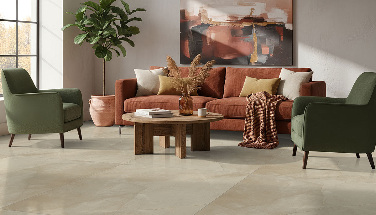 MSI Sande Cream — surface detail in cream tonality through-bodied porcelain for full-room install