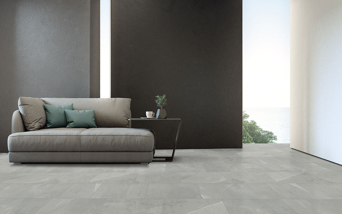 MSI Sande Grey — surface detail in grey tonality through-bodied porcelain for full-room install