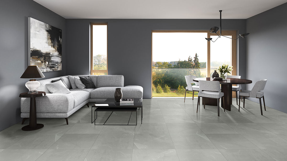 MSI Sande Grey — surface detail in grey tonality through-bodied porcelain for full-room install