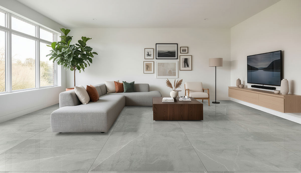 MSI Sande Grey — surface detail in grey tonality through-bodied porcelain for full-room install