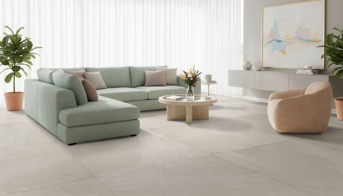 MSI Sande Ivory — surface detail in ivory tonality through-bodied porcelain for full-room install