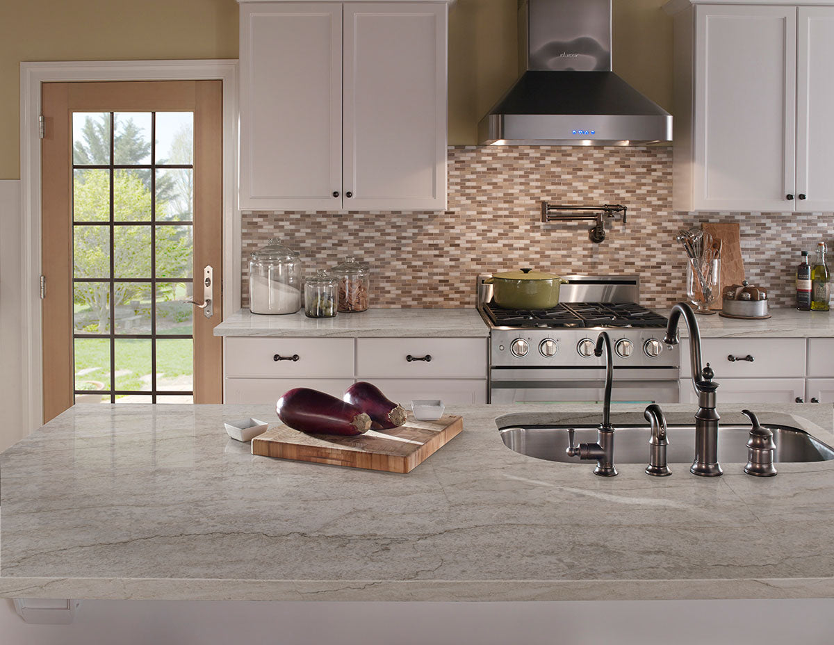 MSI Sea Pearl — surface detail in pearl tonality metamorphic crystalline slab for kitchen install
