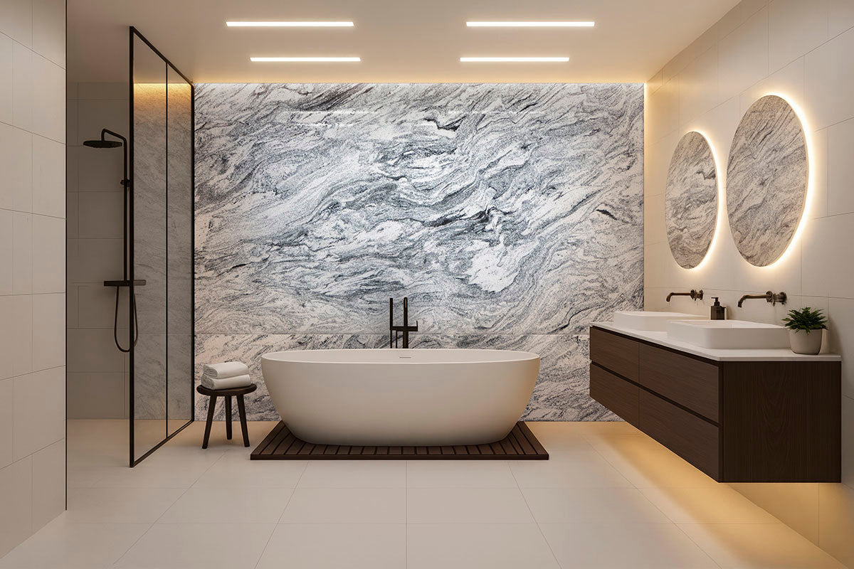 MSI Silver Cloud Granite, surface detail in silver tonality, in a bathroom