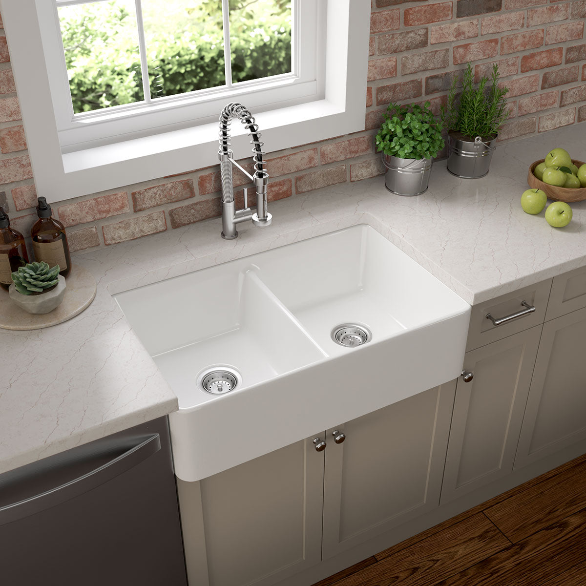 MSI Fireclay Farmhouse White Double Bowl 5050-3220 Sinks — surface detail in white tonality