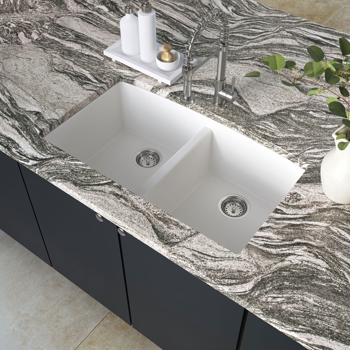 MSI White Quartz Double Bowl 50/50-3219 Sinks — surface detail in white tonality