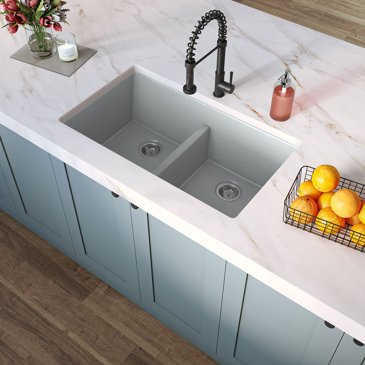 MSI Gray Quartz Double Bowl 50/50-3319 Sinks — surface detail in gray tonality