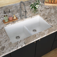 MSI White Quartz Double Bowl 50/50-3319 Sinks — surface detail in white tonality