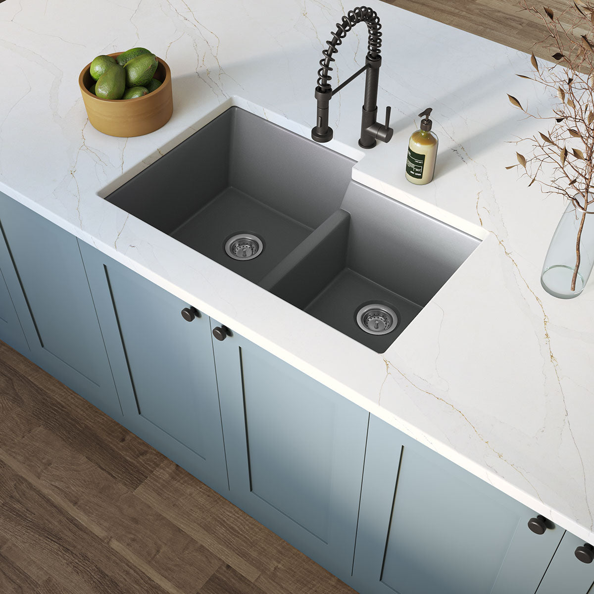 MSI Gray Quartz Double Bowl 60/40-3221 Sinks — surface detail in gray tonality