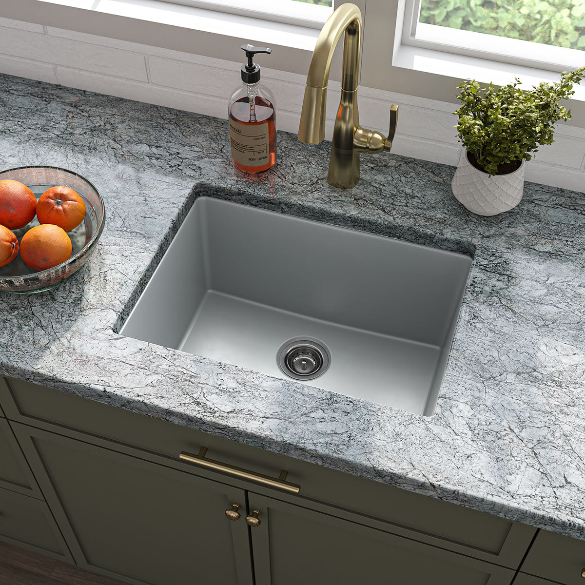 MSI Gray Quartz Single Bowl 2418 Sinks — surface detail in gray tonality