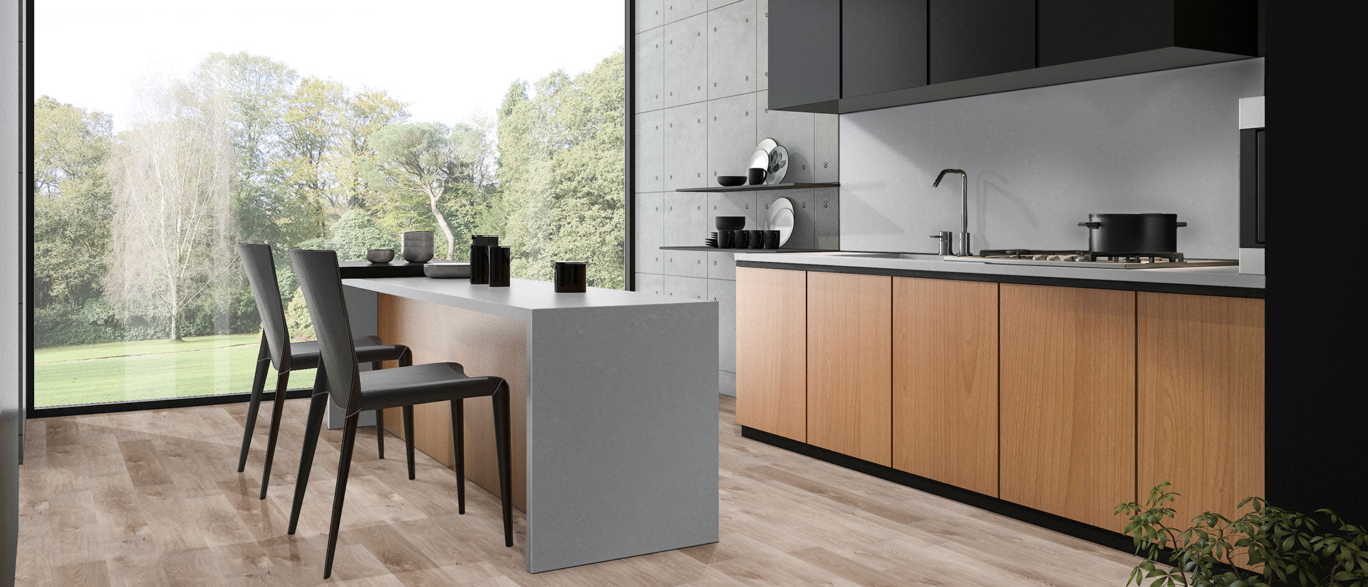MSI Smoked Pearl quartz countertop room scene, in a kitchen