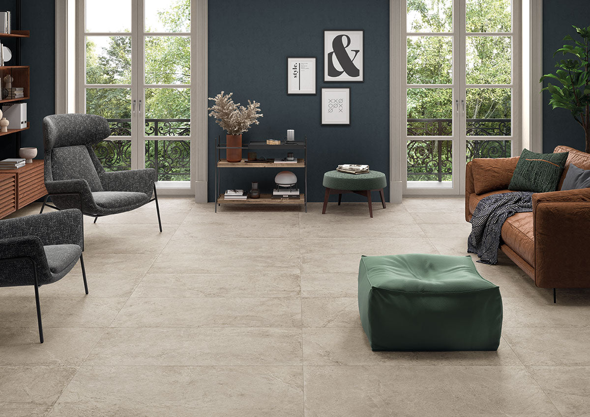 MSI Soreno Taupe — surface detail in taupe tonality through-bodied porcelain for full-room install