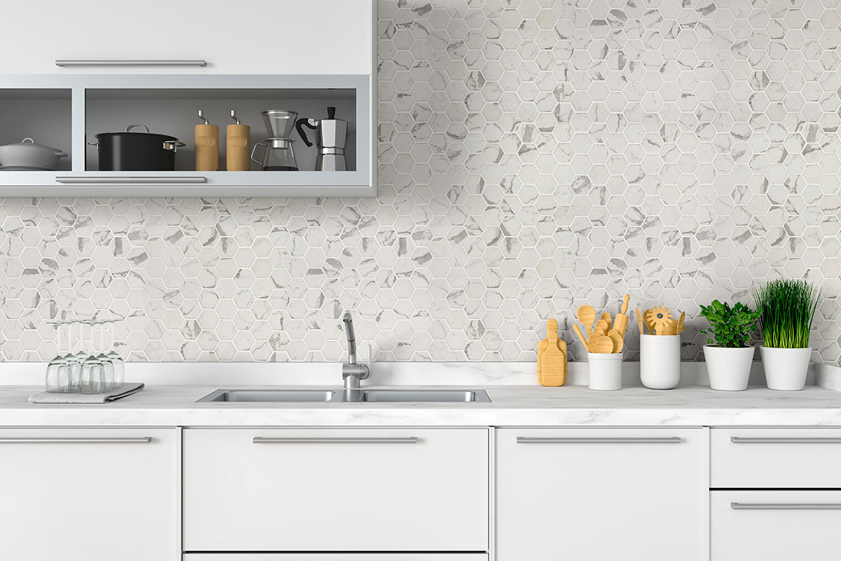 MSI Statuario Celano Hexagon Mosaic Tile — surface detail in natural tonality