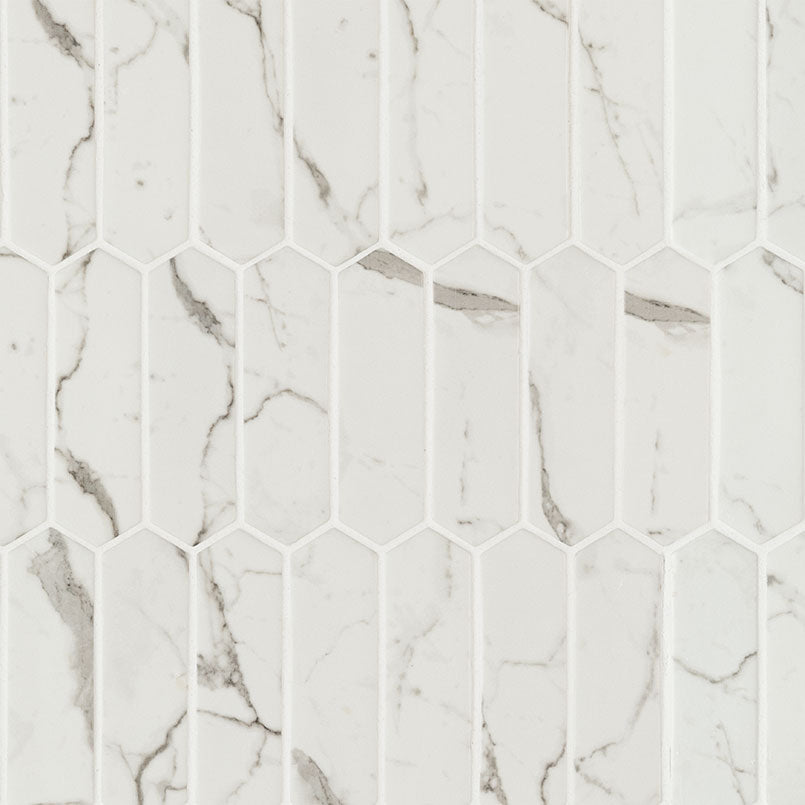 MSI Statuario Celano Picket Glass Tile — Glass Mosaic Tile mesh-mounted for designer installs