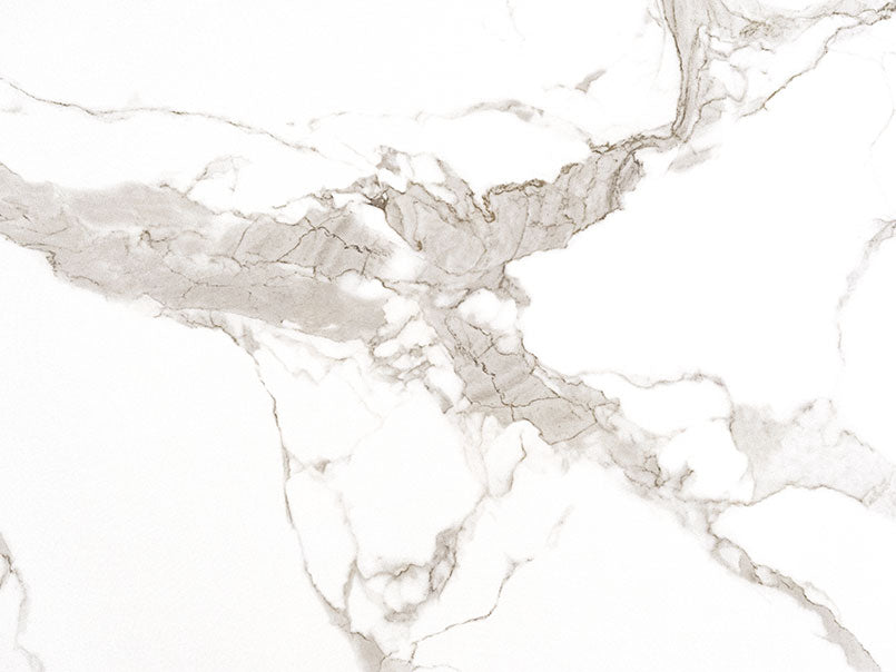 Statuario Silver porcelain slab, close view of the grey and warm gold veining spreading from a central cluster