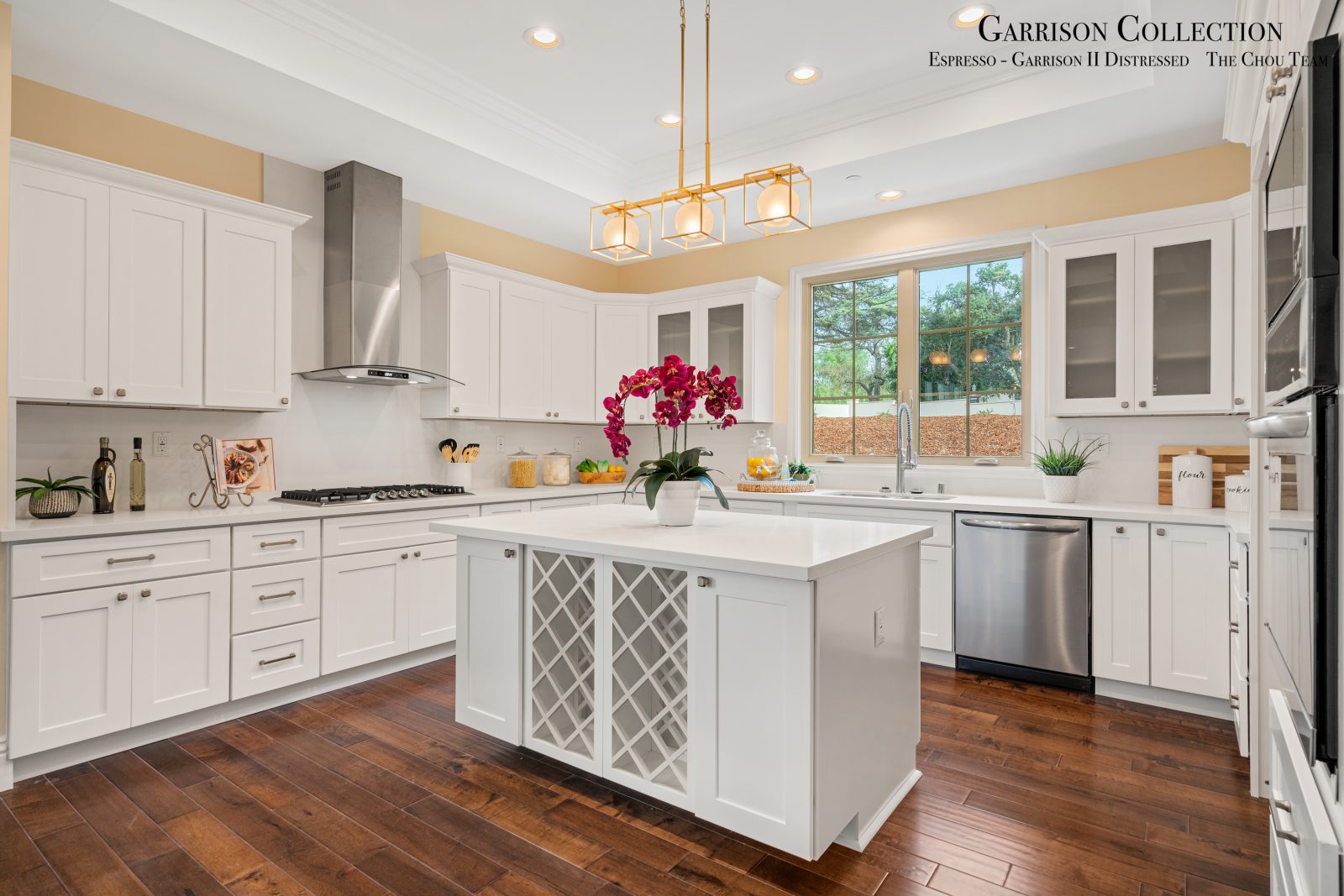 Room scene showing Garrison II Distressed Espresso dark Maple engineered hardwood floors in a transitional interior