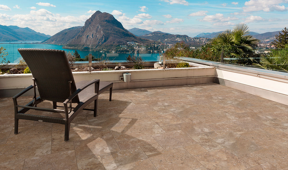 MSI Tuscany Walnut Travertine Paver — surface detail in walnut tonality