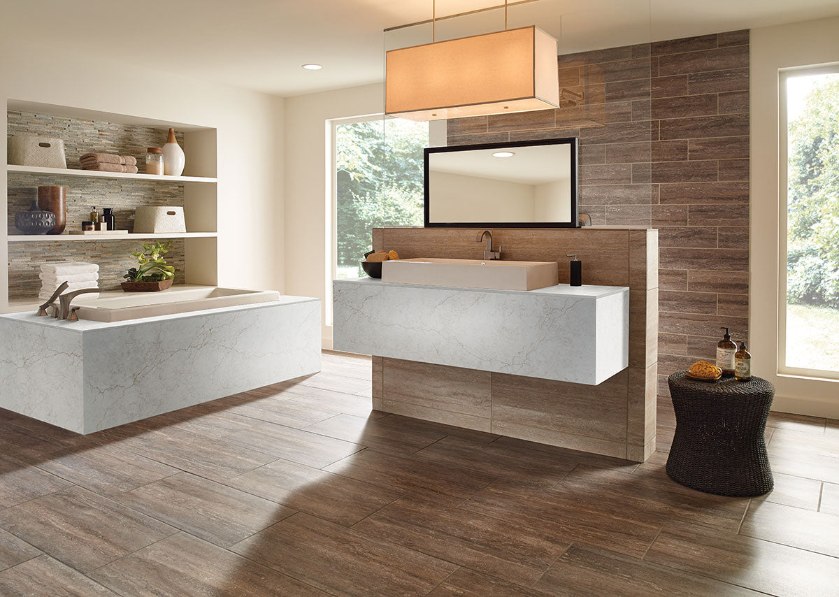 MSI Veneto Sand — surface detail in sand tonality through-bodied porcelain for full-room install