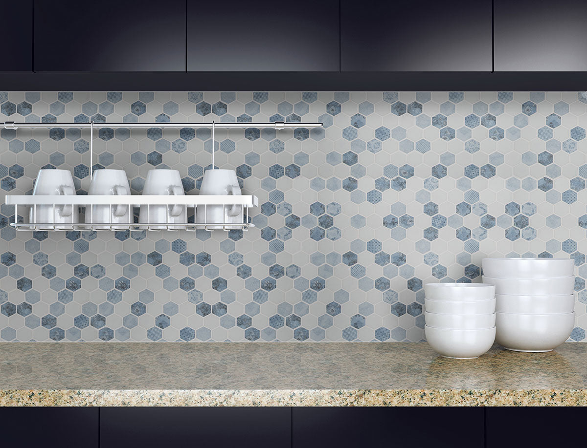 MSI Vista Azul Hexagon Mosaic Tile — surface detail in natural tonality