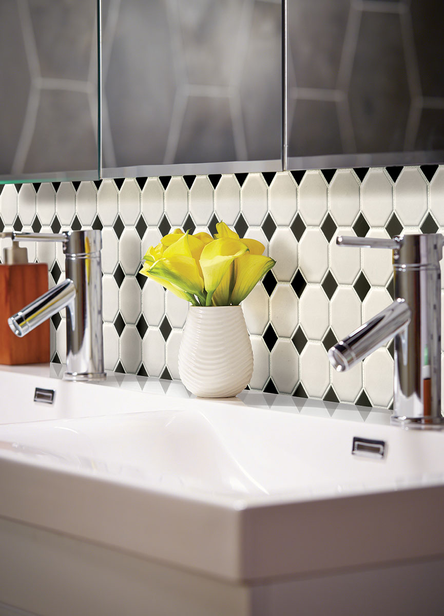 MSI Domino White and Black Octagon Tile — surface detail in white tonality