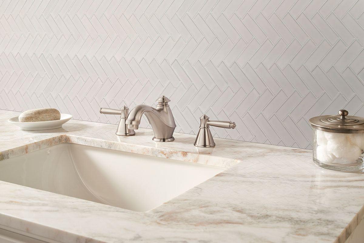 MSI Domino White Herringbone Mosaic Tile — surface detail in white tonality