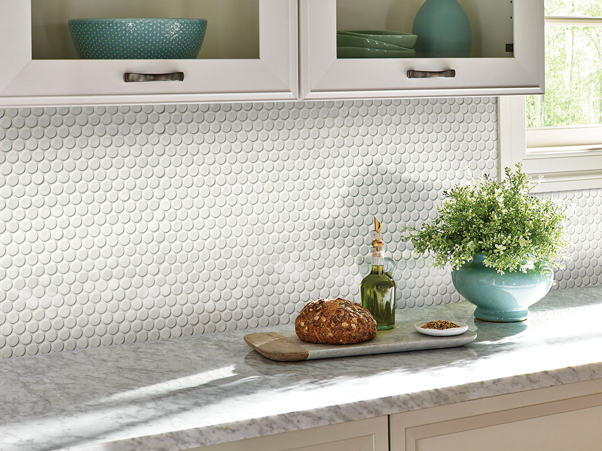 MSI Domino White Glossy Penny Round Mosaic — surface detail in white tonality