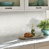 MSI Domino White Glossy Penny Round Mosaic — surface detail in white tonality