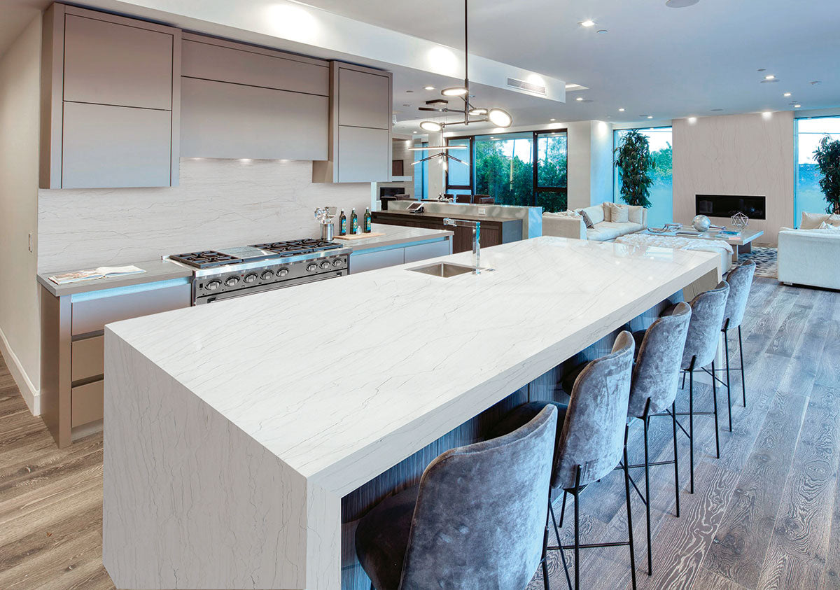 MSI White Montreal — surface detail in white tonality metamorphic crystalline slab for kitchen install