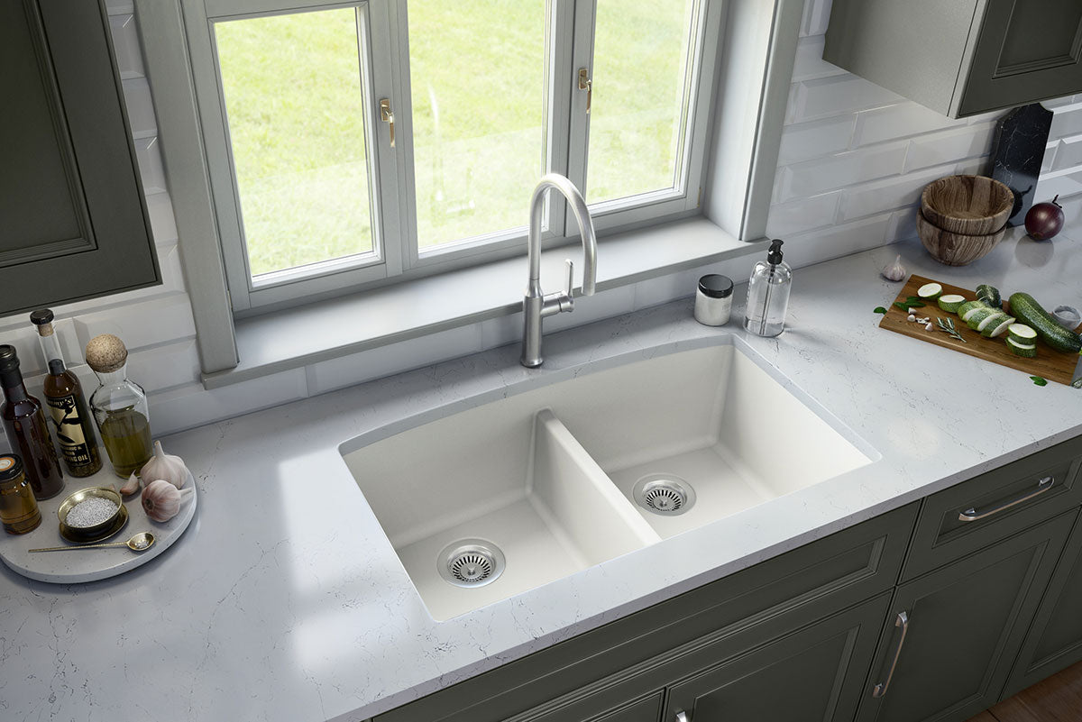 MSI White Quartz Double Bowl 50/50-3219 Sinks — surface detail in white tonality