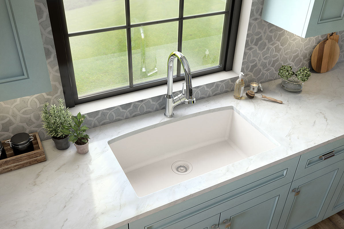 MSI White Quartz Single Bowl 3219 Sinks — surface detail in white tonality
