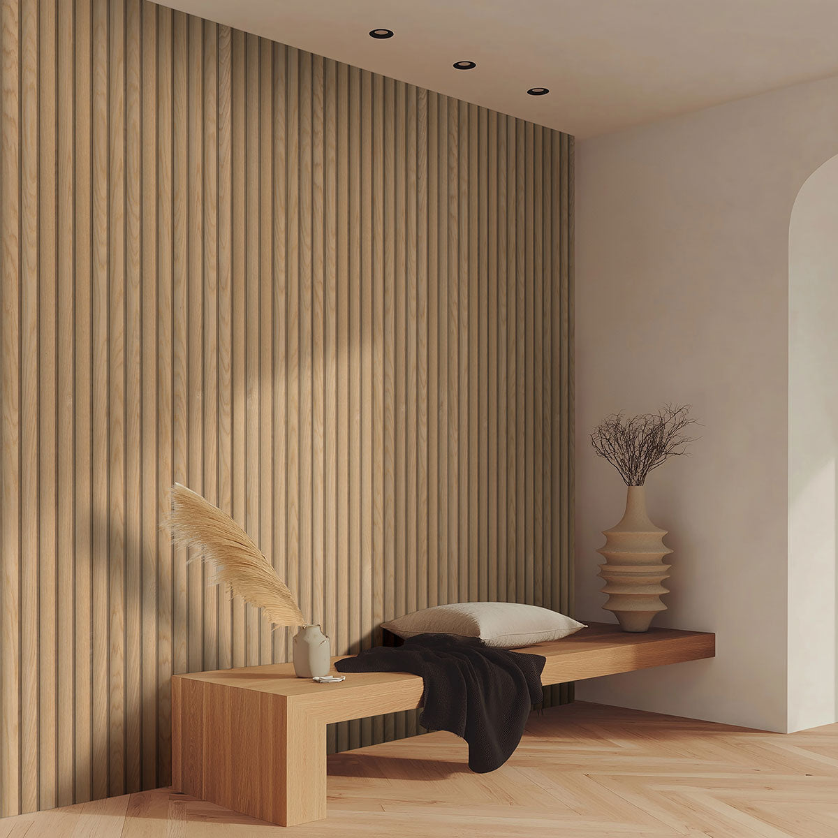 MSI Natural Reeded Acoustic Wood Slat Panel — room scene