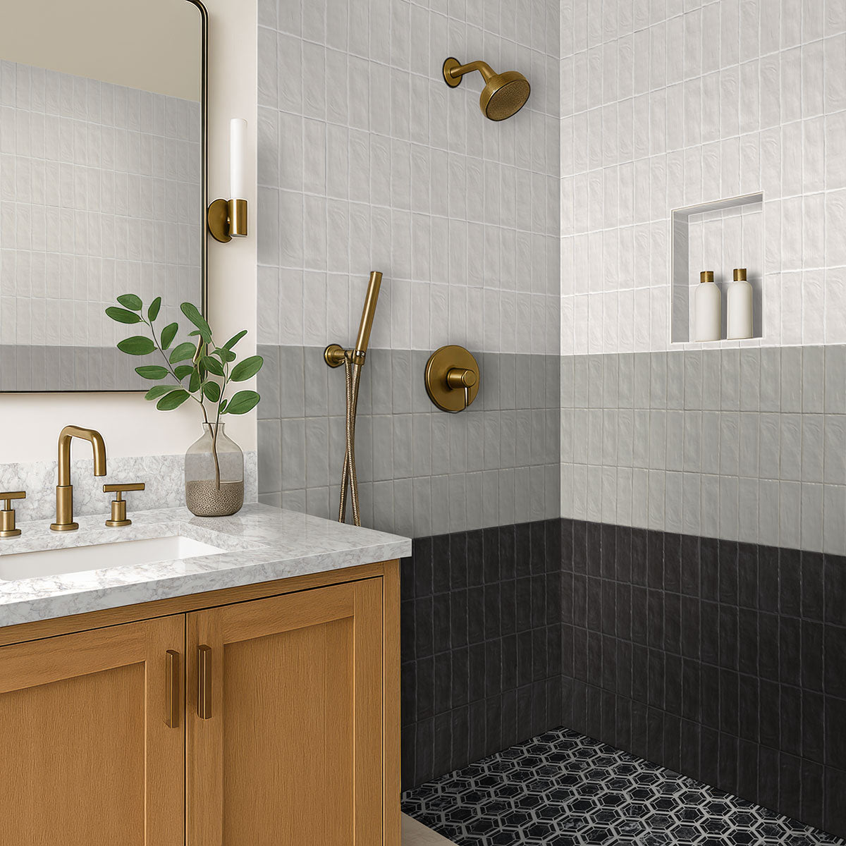 MSI Zest Midnight 4 x 4 Satin, surface detail in natural tonality, in a bathroom